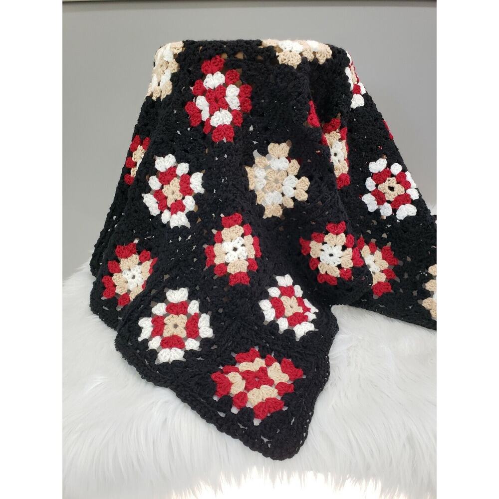 Vintage retro 70s afghan granny blanket black square decor throw handmade couch